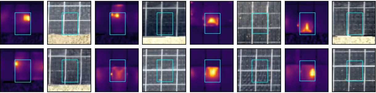 Eight anomalous modules from the findings list, each with a thermal and a colour image side by side