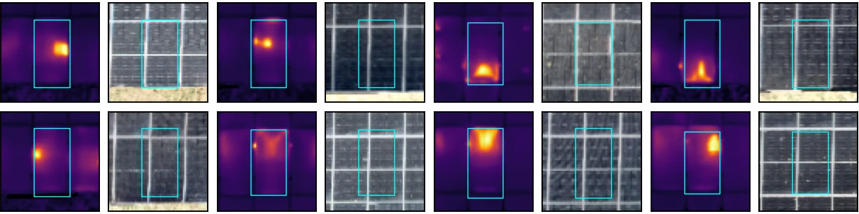 Eight anomalous modules from the findings list, each with a thermal and a colour image side by side