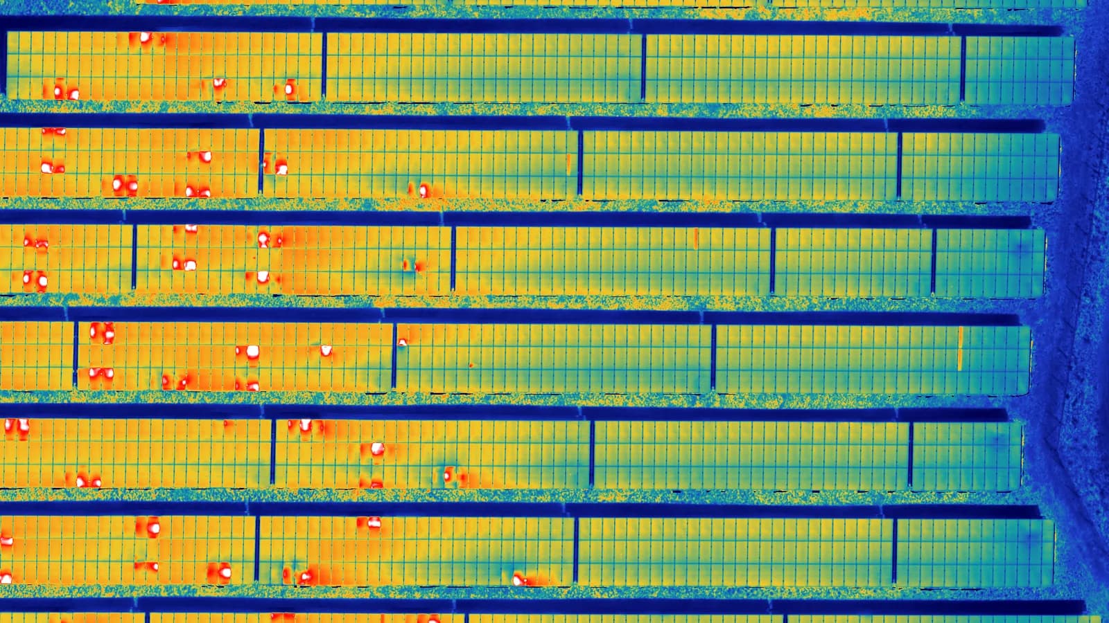 Ortofoto termica radiometrica di un impianto fotovoltaico a terra: file di moduli in giallo e arancione, singoli punti bianchi segnalano moduli surriscaldati