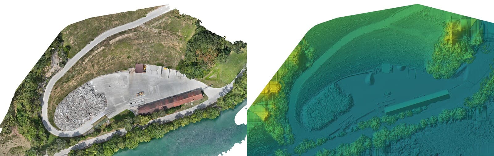 Lo stesso dettaglio della discarica due volte affiancato: a sinistra l'ortofoto a colori reali, a destra il modello digitale di superficie in falsi colori secondo la quota